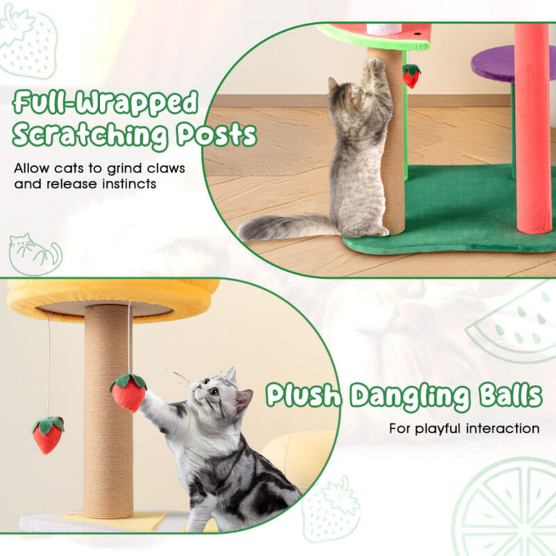Multi-Level Cat Tree with Plush Padded Top Perch and Fruit-Shaped Platforms