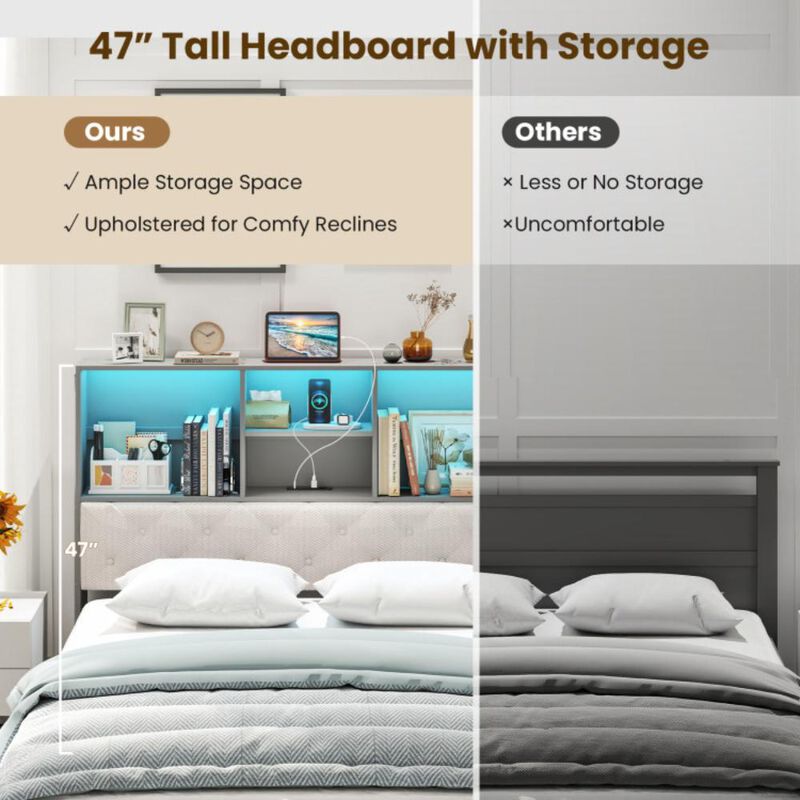 Hivvago Full Size Bed Frame with Bookcase Headboard and LED Lights