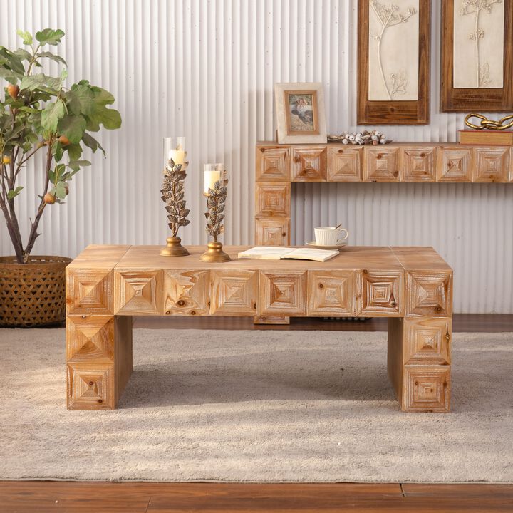 47.24"Rustic Geometric Relief Coffee Table-Rectangle Coffee Table with 3D Carved Details