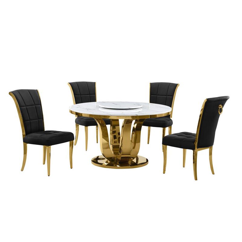 5pc White marble round dining set with gold base and 4 Black side chairs image number 0