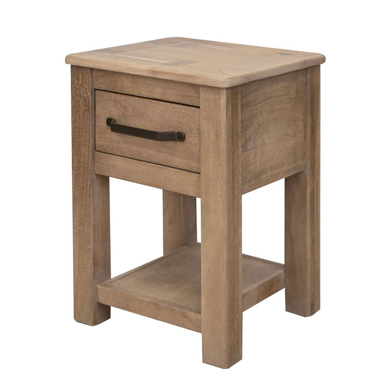 Umey 24 Inch Chairside Table, Drawer, Lower Shelf, Natural Brown Wood