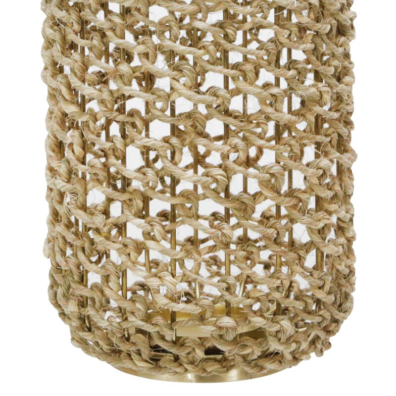 Cylindrical Rattan Lantern with Metal Frame and Handle,Large,Brown and Gold - Benzara image number 3