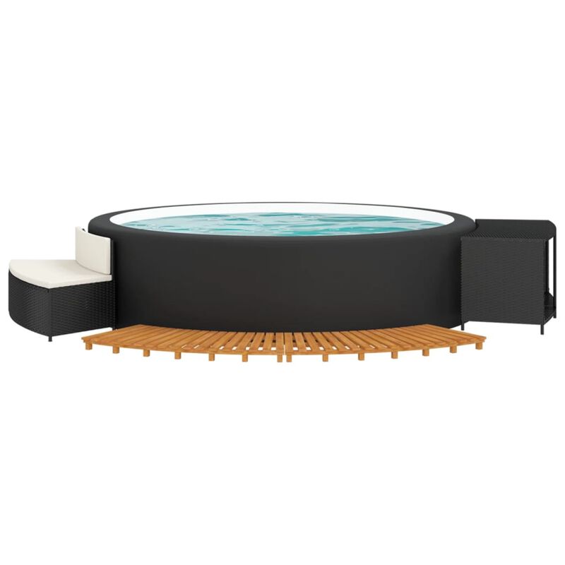 vidaXL Stylish Hot Tub Surround with Built-in Storage, Spa Bench and Spa Step, Made of Durable Black Poly Rattan and Solid Acacia Wood