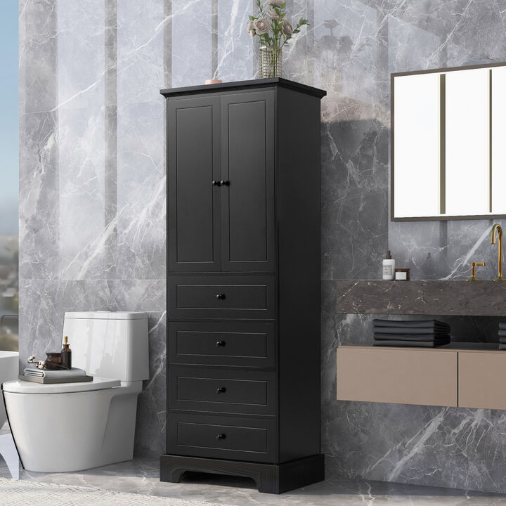Storage Cabinet with 2 Doors and 4 Drawers for Bathroom, Office, Adjustable Shelf, MDF Board with Painted Finish, Black