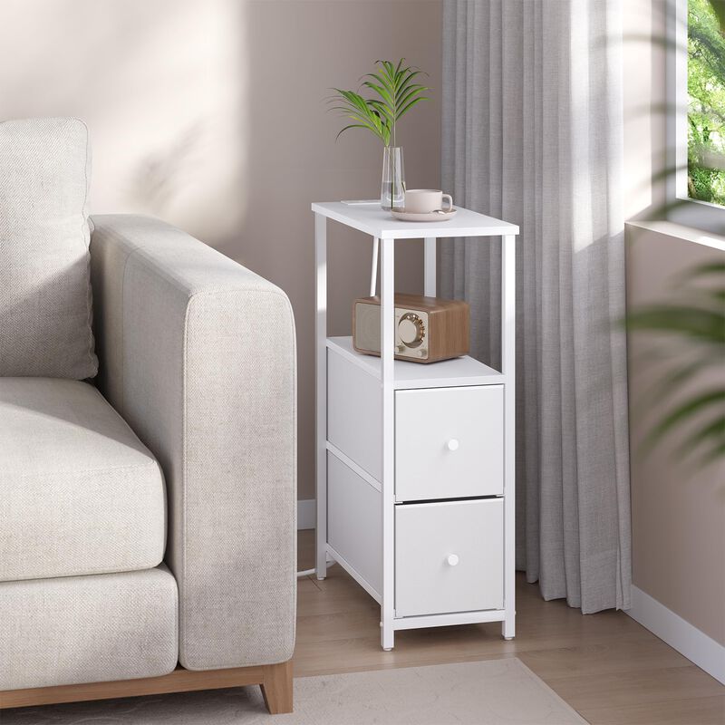 TUTOTAK Small Narrow End Table with Charging Station, Set of 2, Side Table with Outlets, Nightstand with 2 Cloth Drawers, Couch