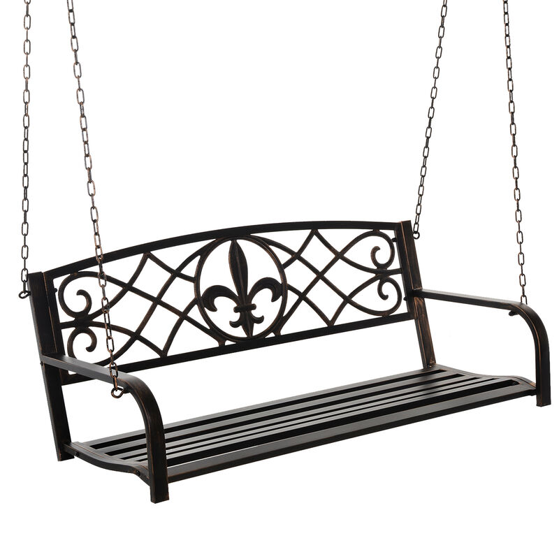Outsunny 2-Person Porch Swing, Hanging Steel Patio Swing, Outdoor Swing Bench with Fleur-de-Lis Design for Garden Deck, 528 LBS Weight Capacity, Bronze