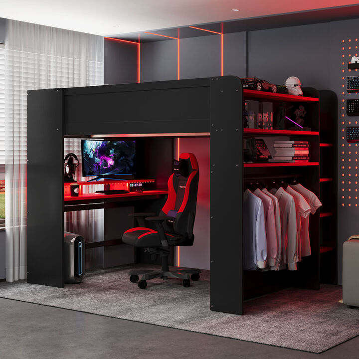 Merax Full Size Gamer Bunk Bed with Desk, Storage Wardrobe