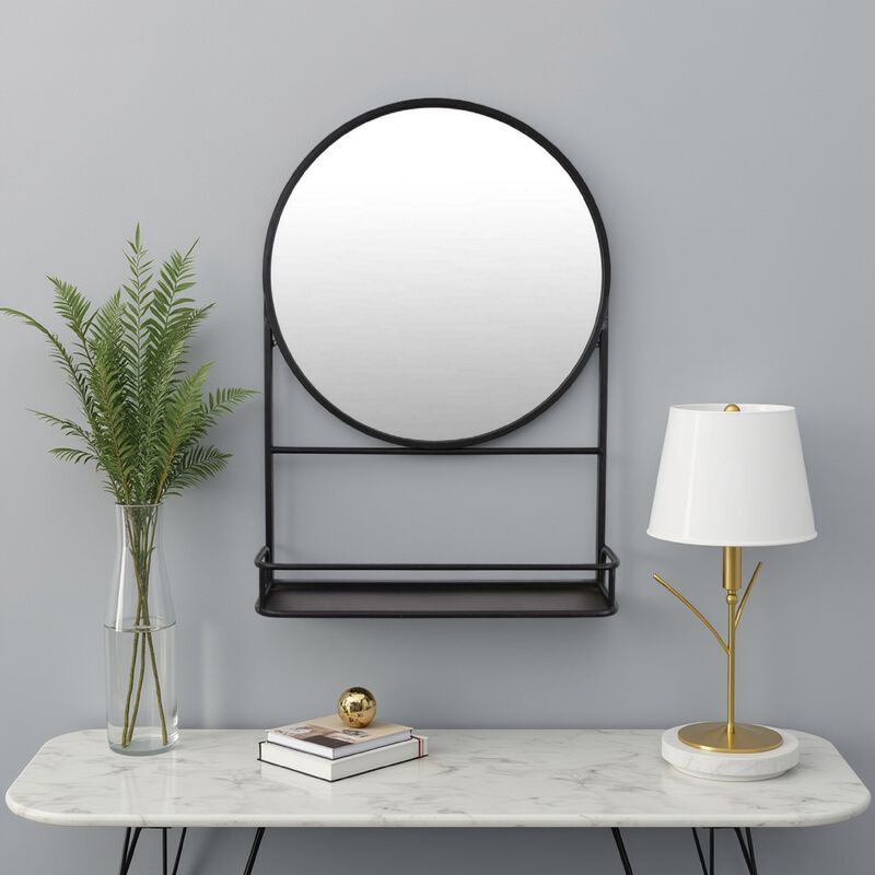 Feno Decorative Wall Mirror, 28 Inch Round Black Metal Frame w Rack