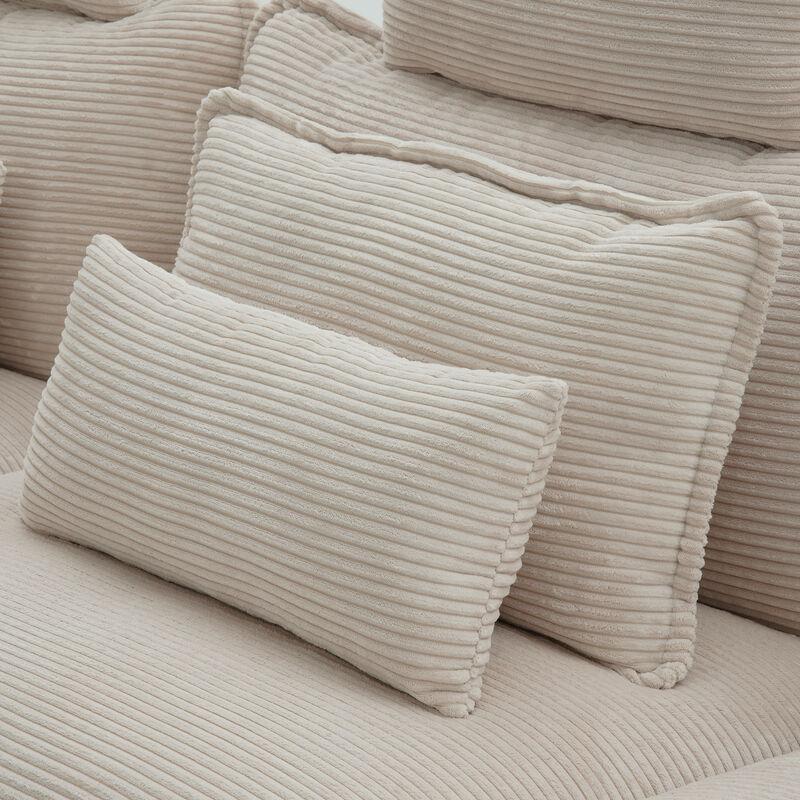 FUFU&GAGA Modern L-Shaped Sofa Set with Ottoman, 3 Lumbar Pillows, 3 Headrests and 2 Throw Pillows, (112.2 in. W x 29.1 in. D x 41.7 in. H), Off-white