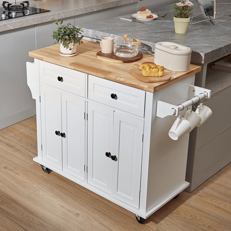Rolling Kitchen Island Cart with Wood Top, Drawer, Cabinet, Spice & Towel Rack