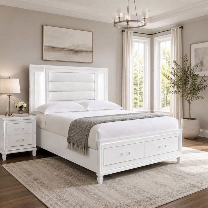 Queen Bedroom Set, White Wood, 2 Piece Set with Nightstand