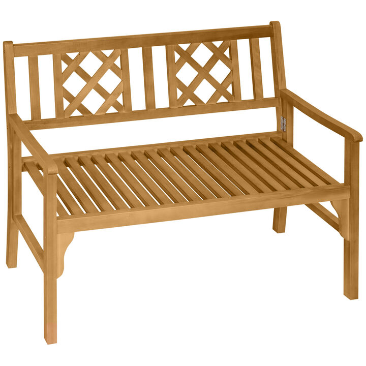 Outsunny 4FT Wooden Outdoor Garden Bench for 2, Portable Folding Loveseat 2-Seater Chair with Backrest, Armrests and Slat Seat, Natural