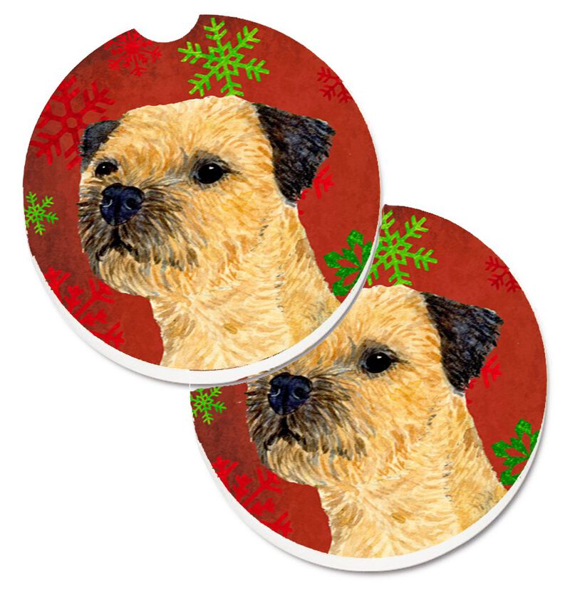 Caroline's Treasures Border Terrier Red & green Snowflakes Holiday Christmas Set of 2 Cup Holder Car Coasters LH9323CARC, 2.56, Multicolor image number 0