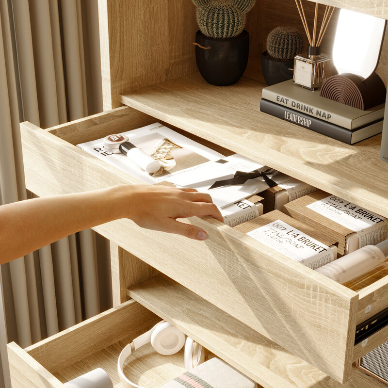 FUFU&GAGA Modern Display Shelf with Hidden Storage Drawers, 4-Tier Open Shelving Unit, Arched Painted Top & Wood Grain Finish, (31.4 in. W x 16.5 in. D x 70.1 in. H), Wood Look