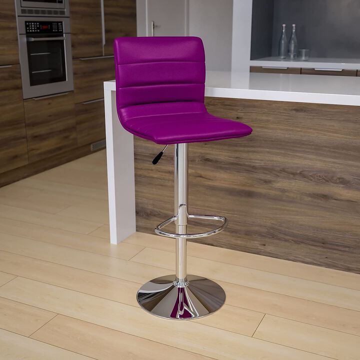 Flash Furniture Vincent Modern Purple Vinyl Adjustable Bar Stool with Back, Swivel Stool with Chrome-Pedestal Base and Footrest
