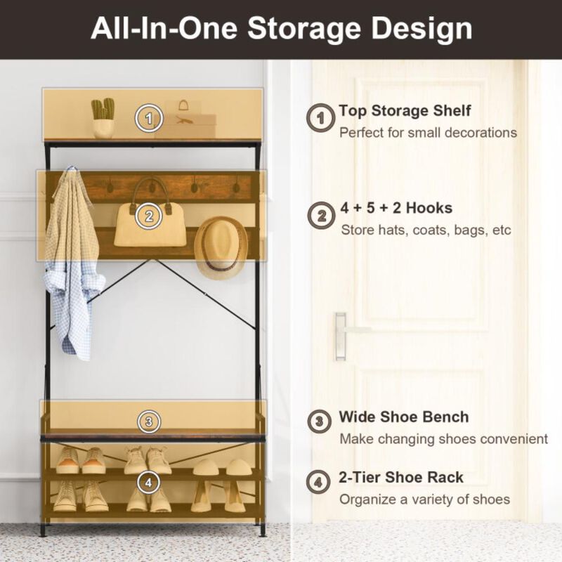 Hivvago Coat Rack 4-In-1 Hall Tree with 11 Hanging Hooks Shoe Bench