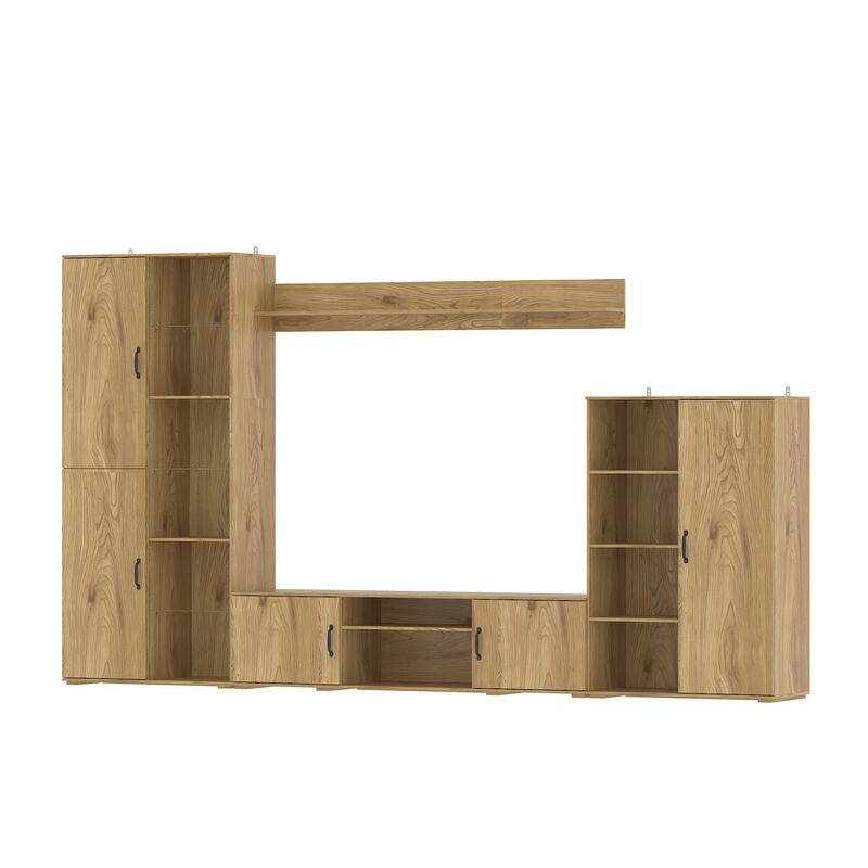 FUFU&GAGA Entertainment Wall Unit with TV Console, Floating Shelf, Glass Doors, Natural Wood Finish (126"W x 70.9"H x 15.7"D),Brown