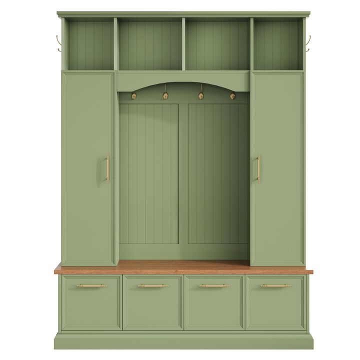 Merax Farmhouse Hall Tree with Gold-Tone Handles, Upper Cabinets with Hooks & Adjustable Shelves