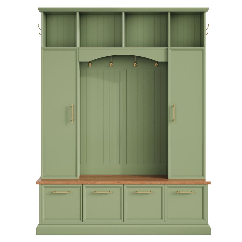 Merax Farmhouse Hall Tree with Gold-Tone Handles, Upper Cabinets with Hooks & Adjustable Shelves image number 0