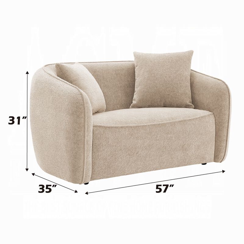 Keina Loveseat, 2 Accent Pillows, Rounded Back, Beige Chenille 57 Inch - Benzara - Benzara