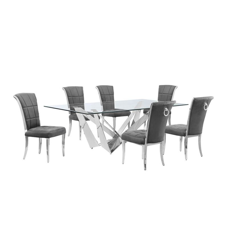 7pc Large(94") glass dining set with silver base and 6 Dark grey side chairs