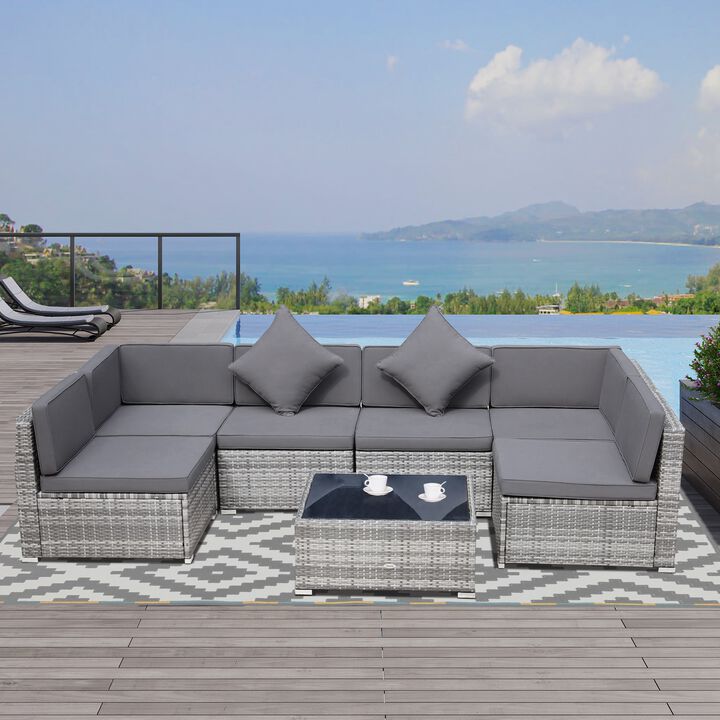 7-Piece Patio Furniture Sets Outdoor Wicker Conversation Sets PE Rattan Sectional sofa set with Cushions & Glass Desktop, Charcoal Black