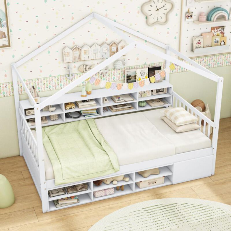 Hivvago Twin Size House Bed with Roof with 14 Storage Cubes and Enclosed Cabinet