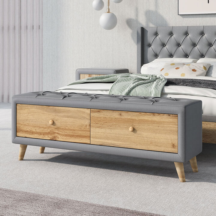 Upholstered Wooden Storage Ottoman Bench with 2 Drawers For Bedroom,Fully Assembled Except Legs and Handles,Padded Seat with Rubber Wood Leg-Gray