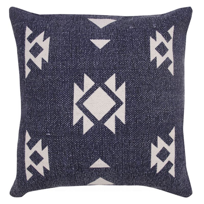 20" Blue and White Hand Woven Geometric Square Throw Pillow