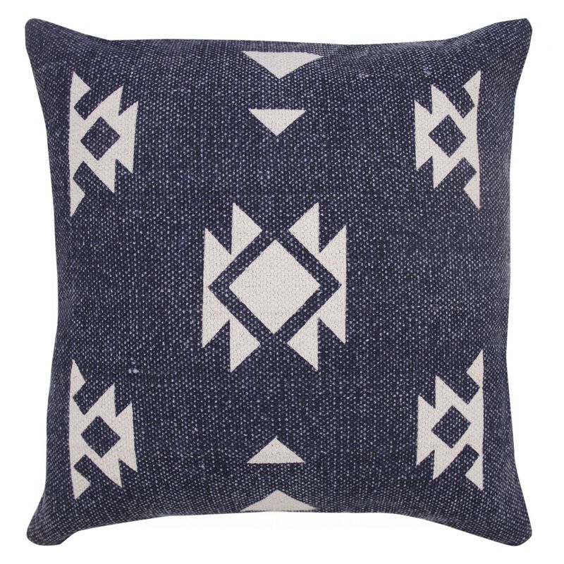 20" Blue and White Hand Woven Geometric Square Throw Pillow image number 0