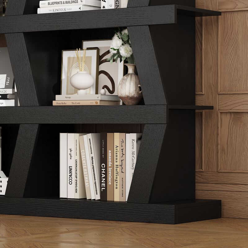 FUFU&GAGA Modern 5-Tier Zigzag Bookcase with Open Shelves (63.8&rdquo; H x 51.2&rdquo; W x 12.2&rdquo; D),Black
