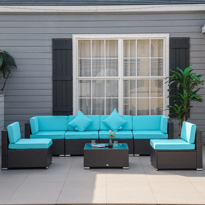 Outsunny 7-Piece Patio Furniture Set, Outdoor Wicker Conversation Set, All Weather PE Rattan Sectional Sofa Set with Cushions and Faux Wood Table, Stripe Pillows, Gray