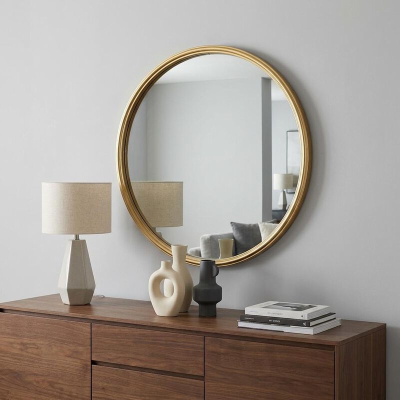 HomeRoots 10" Gold Round Iron Textured Framed Accent Mirror image number 1