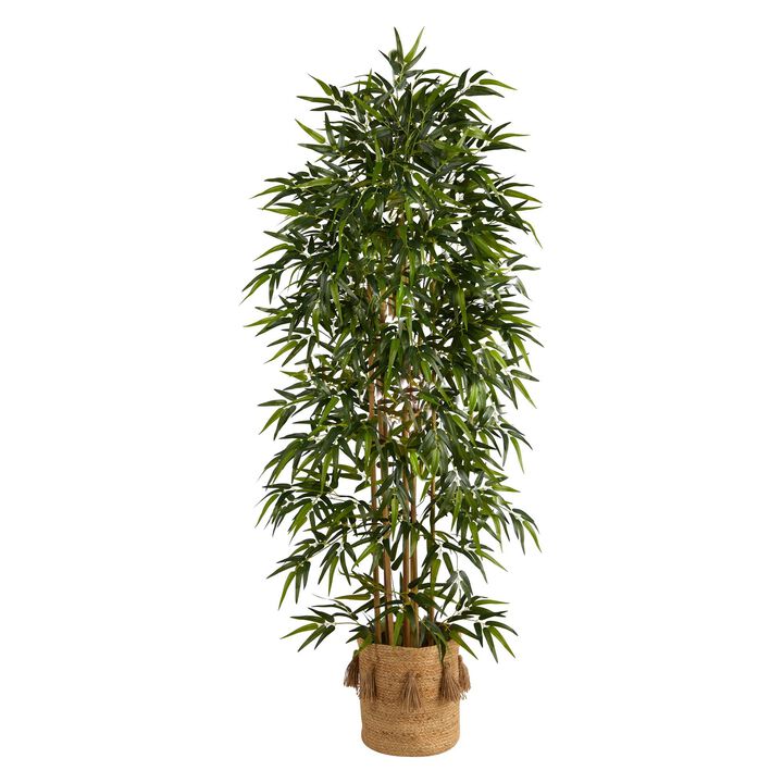 Nearly Natural 6-ft Bamboo Tree w/1024 Branches in Jute Planter w/Tassels