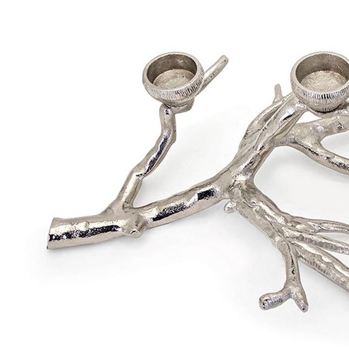 23 Inch Metal Tea Light Holder, Tree Branch Design, 4 Candle Slots, Silver - Benzara