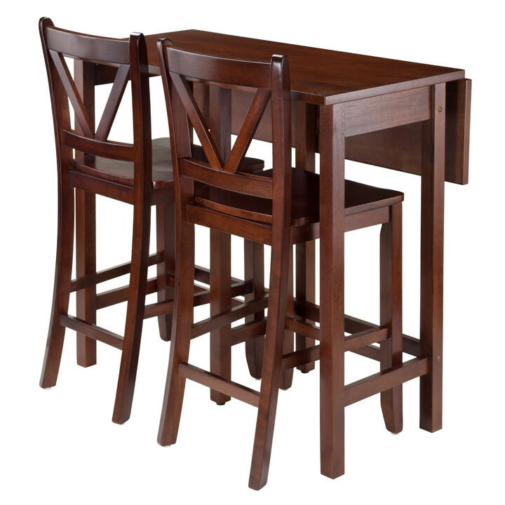 Lynnwood 3-Pc Drop Leaf Table with V-Back Counter Stools, Walnut