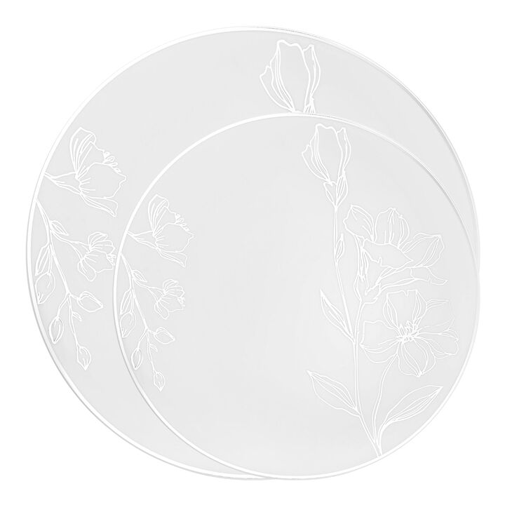 White with Silver Antique Floral Round Plastic Dinnerware Value Set (40 Sets)