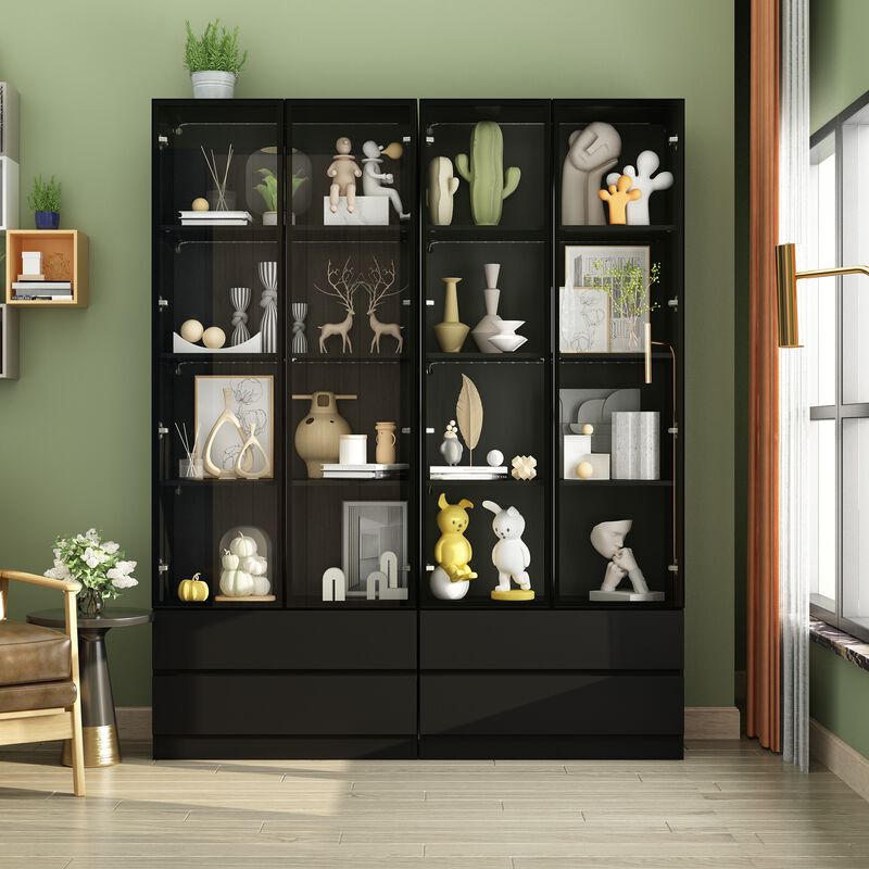 FUFU&GAGA 63" Modern Black Storage Cabinet with LED Lighting, 4 Glass Doors & 4 Drawers, P2 PB Board Media Console (63 in. W x 14.2 in. D x 78.7 in. H)