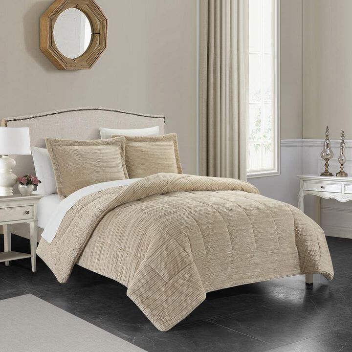 Chic Home Ryland Comforter Set Ribbed Textured Microplush Sherpa Bedding - Pillow Shams Included - 3-Piece - Queen 86x90", Beige