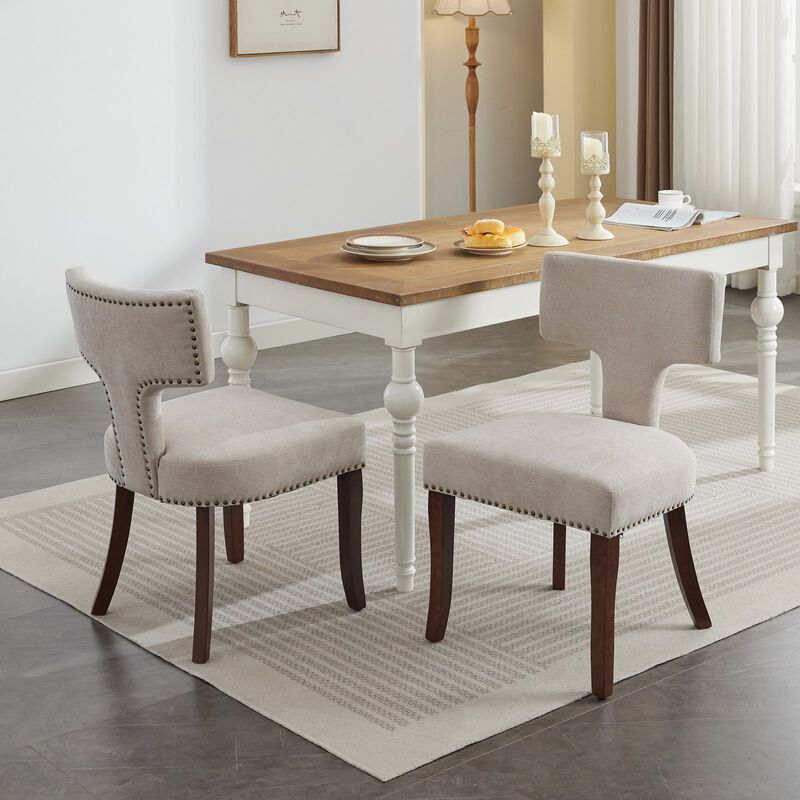 Whisen Set of 2 Mid Century Modern Dining Chairs, Linen Upholstered Curved Back Accent Chairs with Hardwood Frame & Copper Nails for Kitchen image number 3