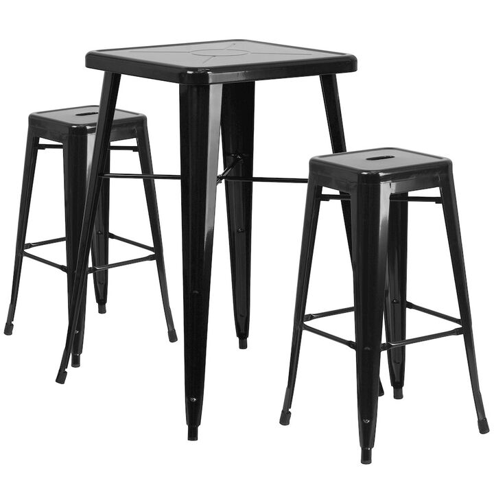 Flash Furniture 23.75" Black Metal Indoor-Outdoor Bar Table Set with 2 Seat Backless Stools