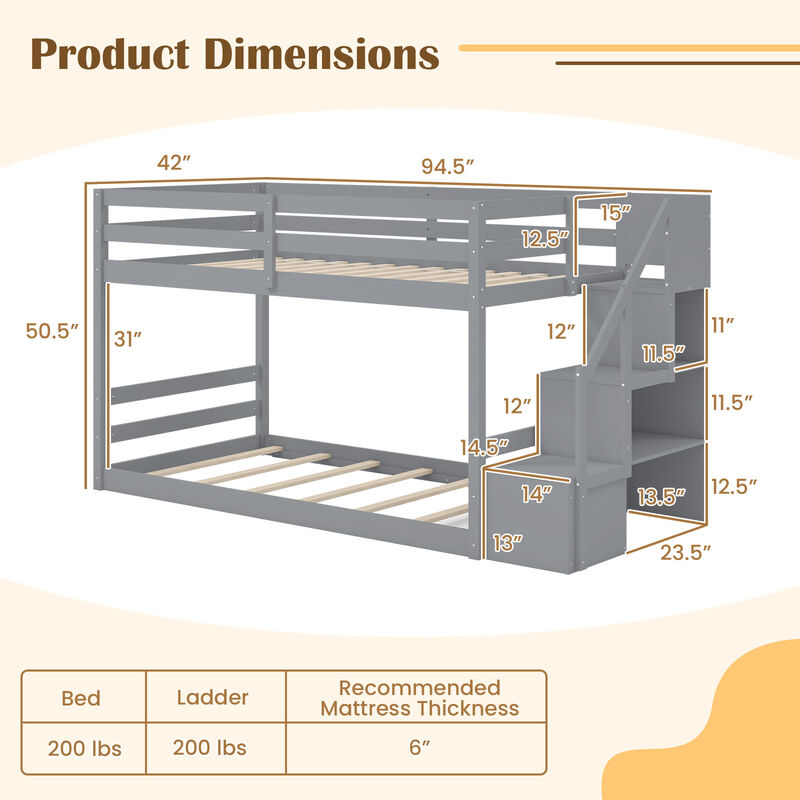 Solid Wood Twin Over Twin Low Bunk Bed with Storage Stairs image number 2
