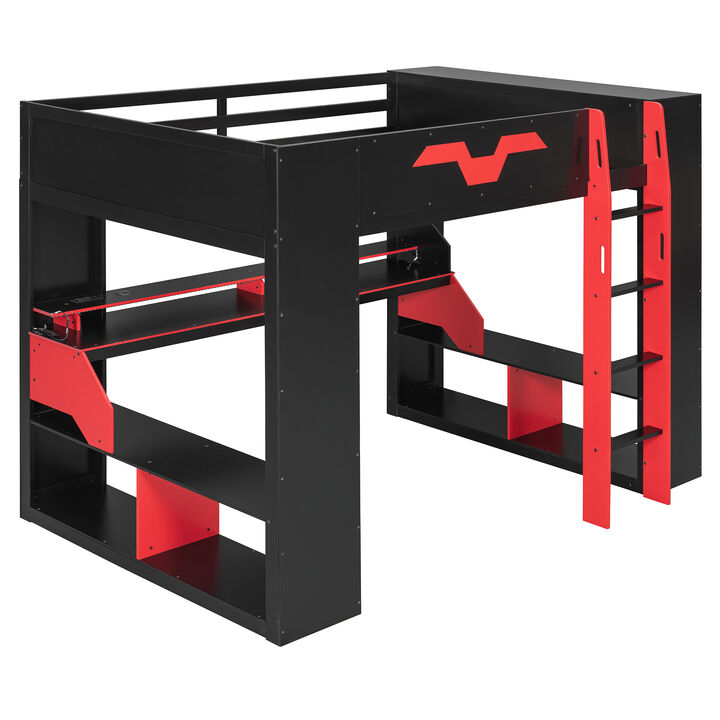 Merax Full Size Gaming Loft Bed with RGB LED, Power Hub, Work Desk & Multi-Tier Storage