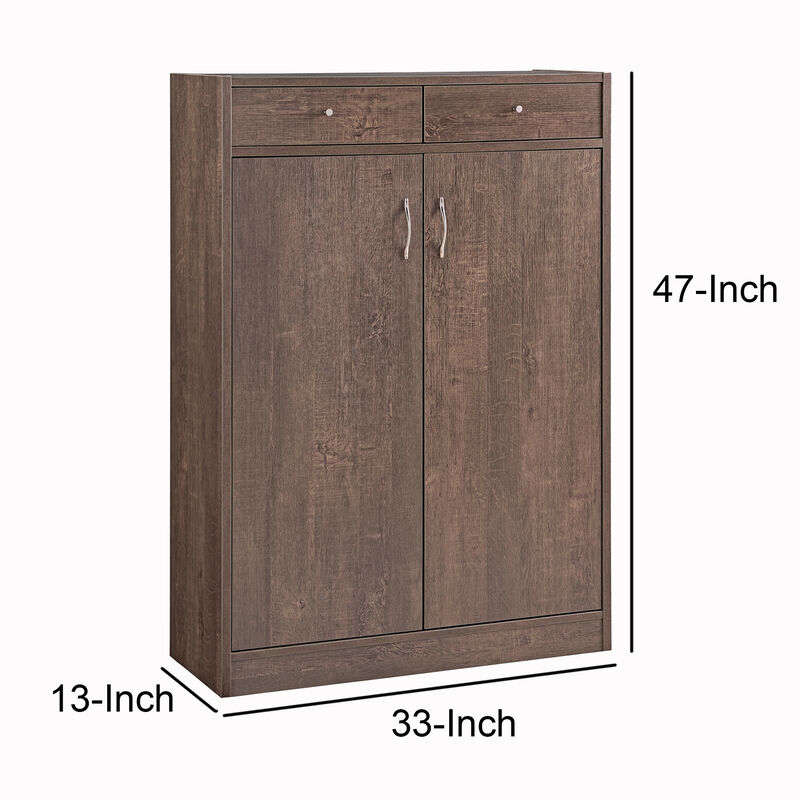Wooden Shoe Cabinet with 2 Drawers and 2 Door Cabinet, Walnut Oak Brown-Benzara