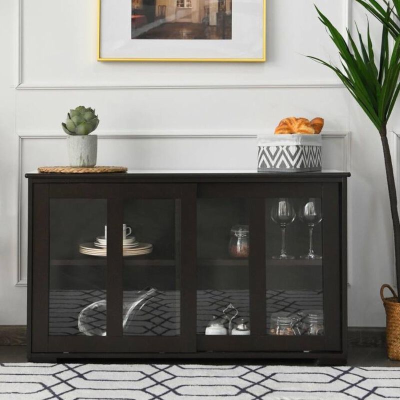 Hivvago Brown Wood Buffet Kitchen Dining Sideboard Storage Cabinet w/ Glass Sliding Door
