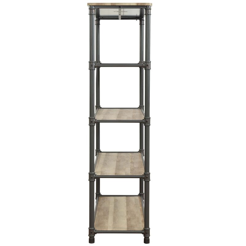 Pipe Inspired Steel Frame Bookshelf with Five Fixed Shelves, Oak Brown and Sandy Gray-Benzara