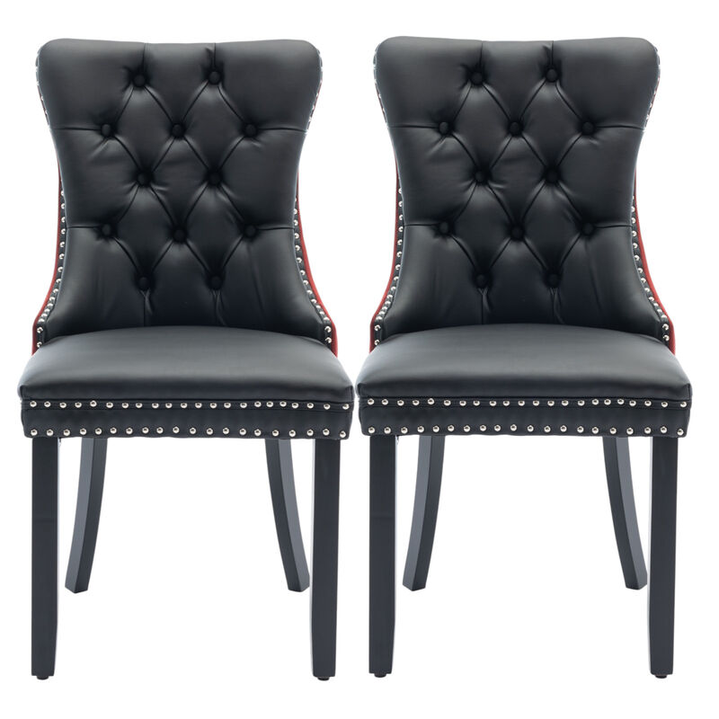 Set of 2 Upholstered Dining Chairs, Tufted Back, Nailhead Trim, Solid Wood Legs