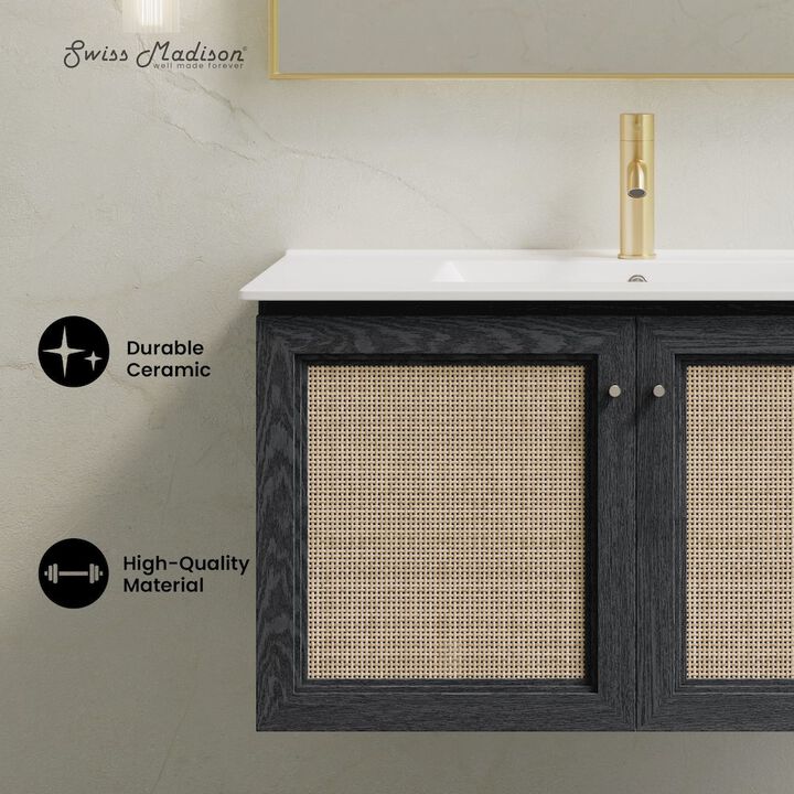 36" Wall-Mounted Bathroom Vanity in Black Oak with Single Faucet Hole Vanity Top