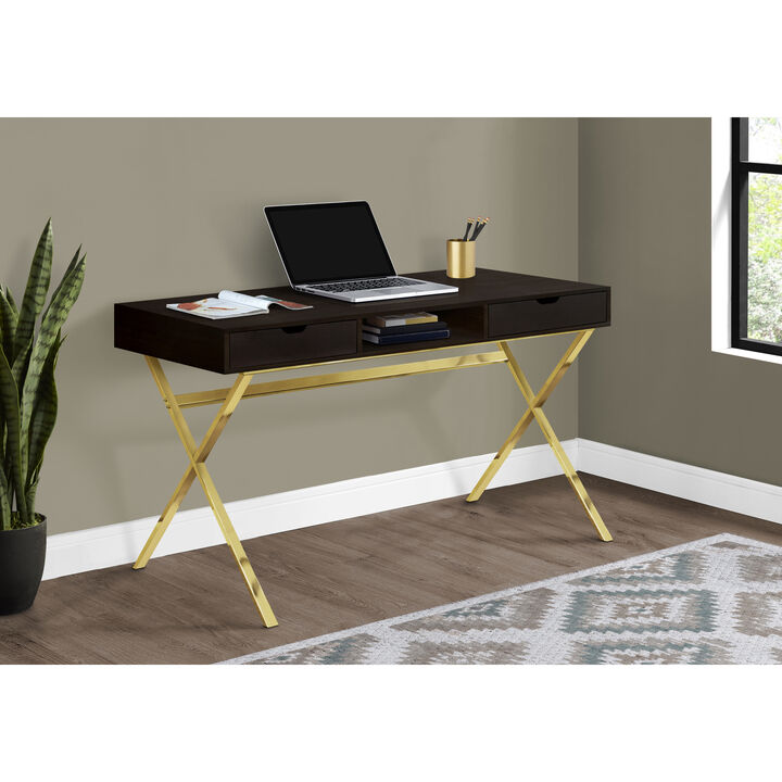 Monarch Specialties I 7210 Computer Desk, Home Office, Laptop, Storage Drawers, 48"L, Work, Metal, Laminate, Brown, Gold, Contemporary, Modern