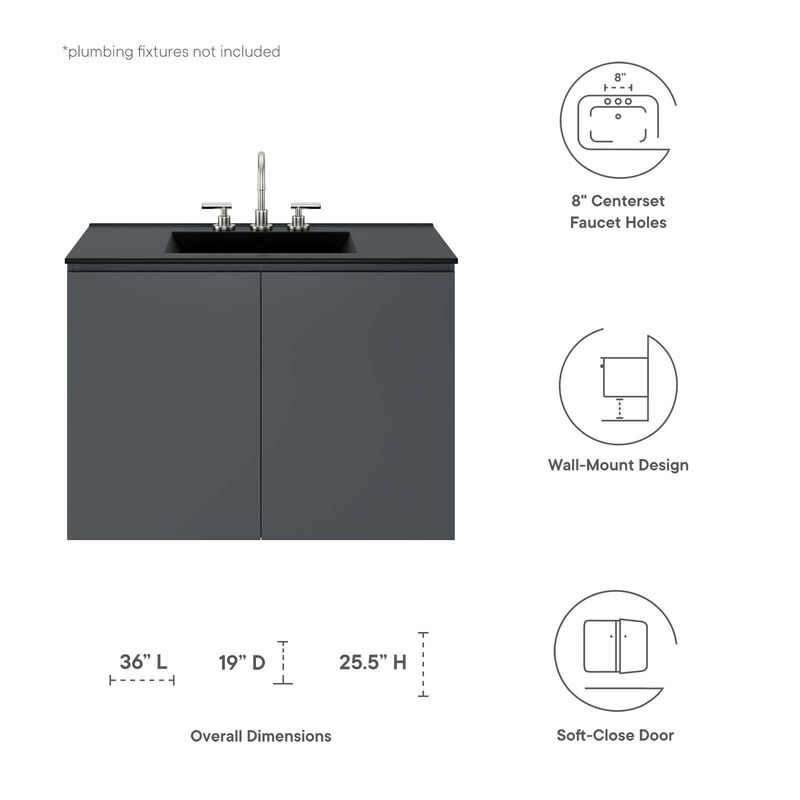 Modway Bryn 36" Modern Wood/Ceramic Wall-Mount Bathroom Vanity in Gray/Black image number 7